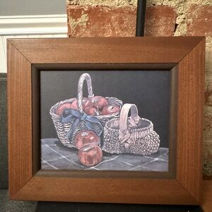 Vintage Framed Still Life Apples Baskets Cottagecore Farmhouse Rustic Folk Art